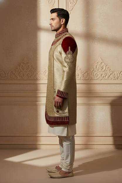 Gold Sherwani with Red Embellishments