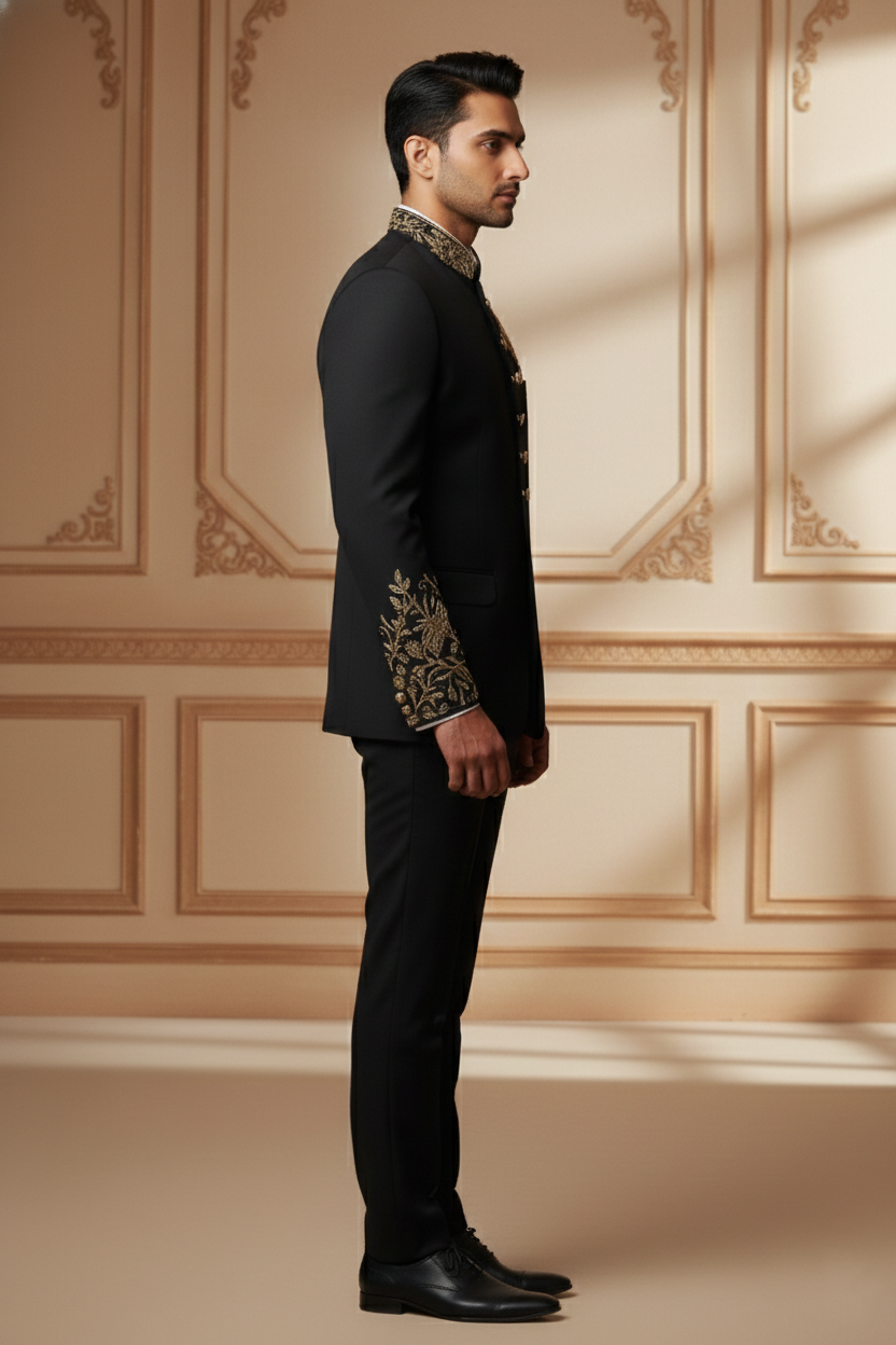 Men'sBlack Embroidered Bandhgala Suit