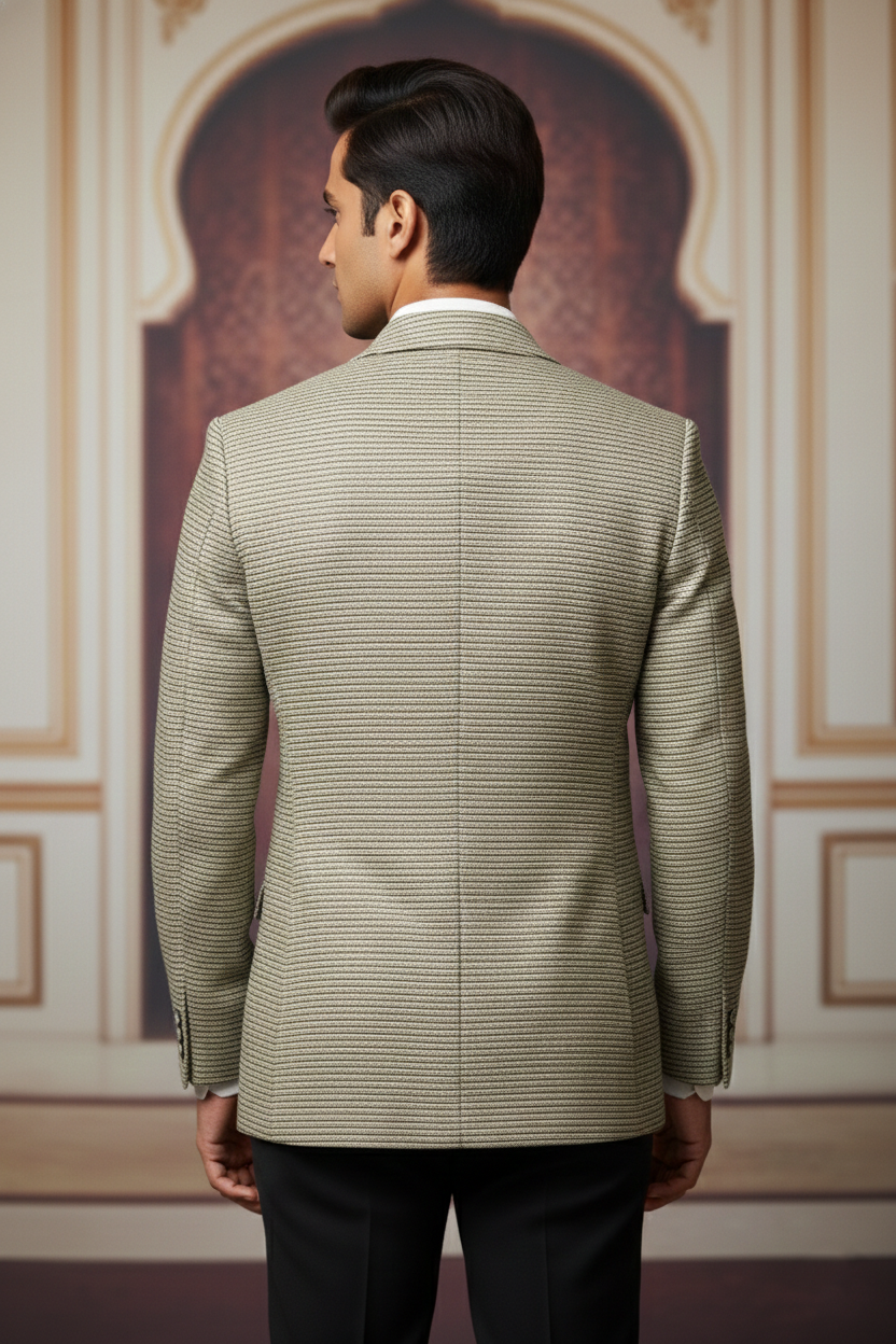 Men's Slim Fit Textured Blazer - Sage Grey Micro-Stripe Sport Coat with Notch Lapel