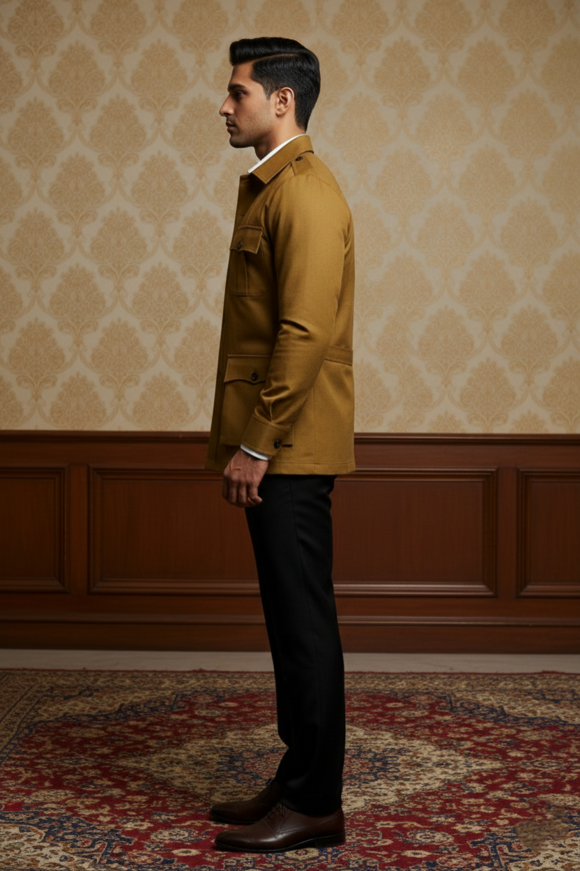Men'sPremium Mustard Yellow Safari Jacket , Slim-Fit Cotton-Blend Utility Blazer with Cargo Pockets