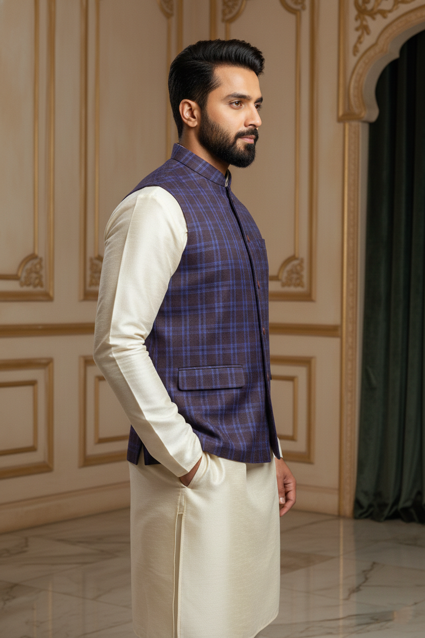 Blue & Purple Checkered Nehru Jacket with Cream  Kurta Set