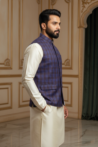 Blue & Purple Checkered Nehru Jacket with Cream  Kurta Set