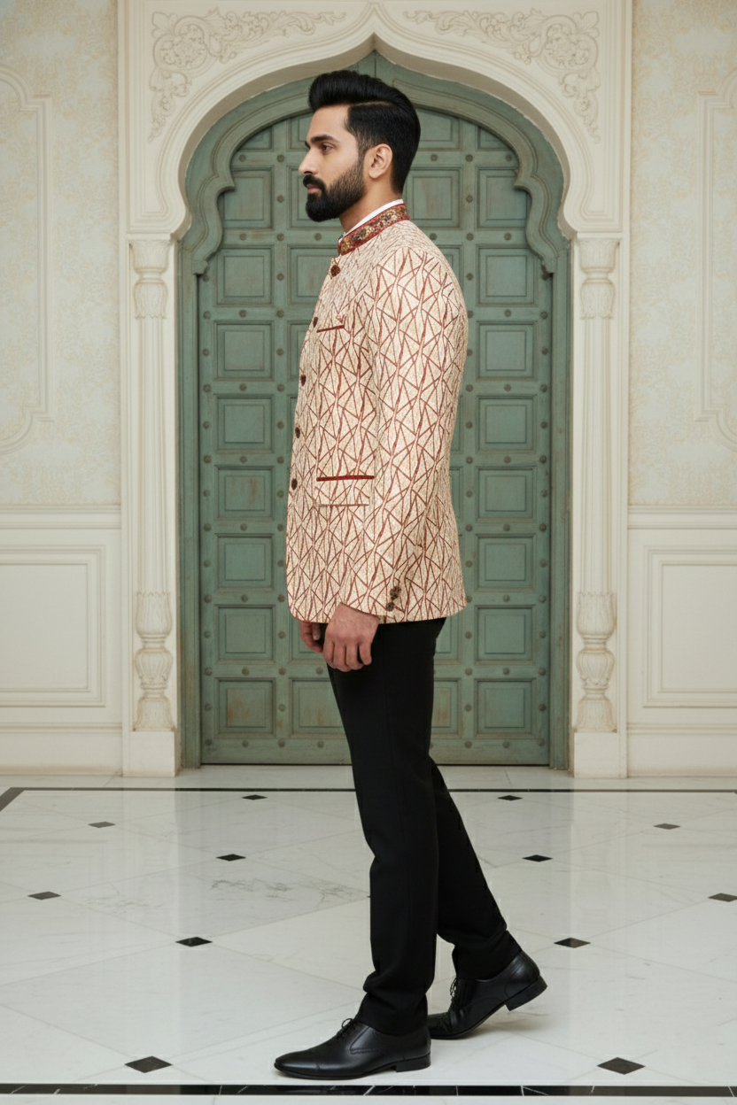 Men'sCream & Rust Geometric Print Bandhgala Jodhpuri Blazer