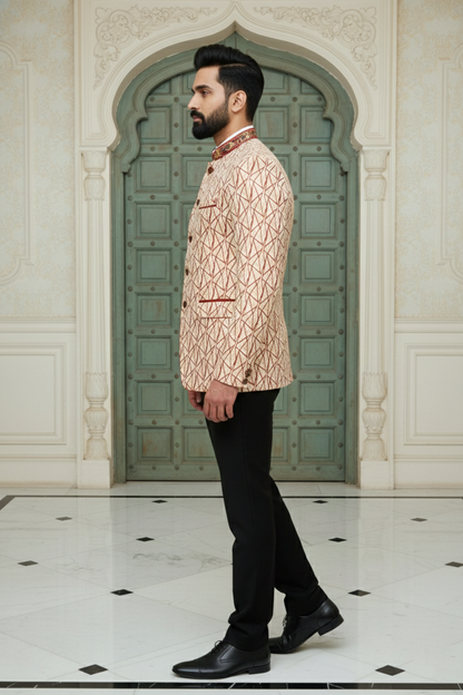 Men'sCream & Rust Geometric Print Bandhgala Jodhpuri Blazer