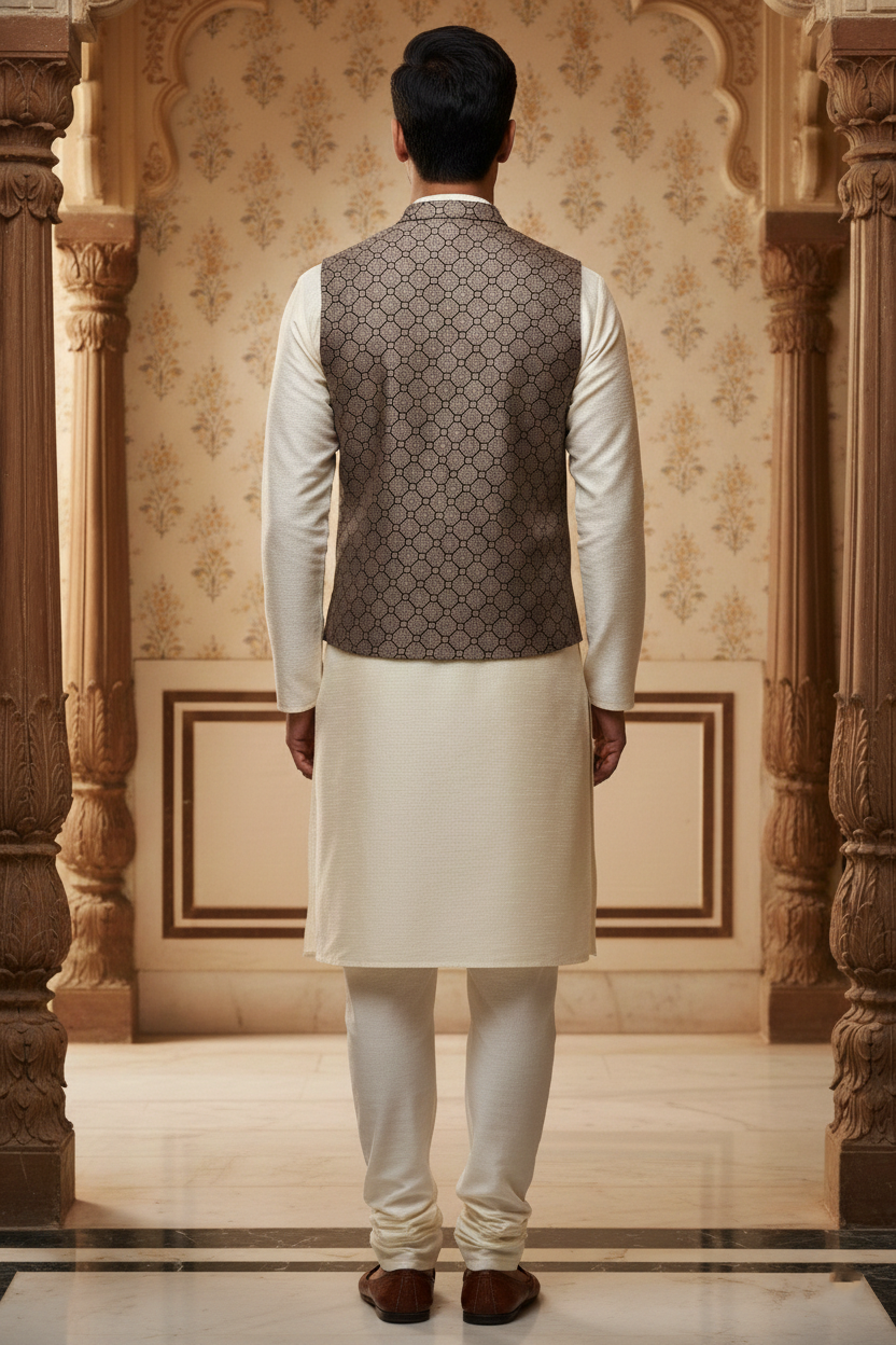 Men’s Grey Designer Waistcoat | Black Line Work Slim Fit Festive Vest