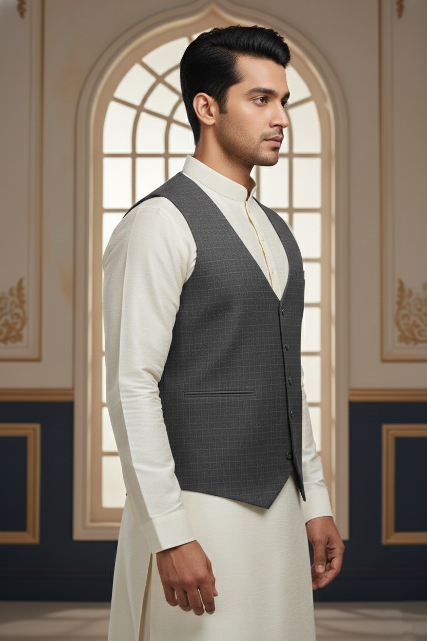 Men’s Grey Jacquard Silk Waistcoat with Notch Lapel | Slim Fit Festive Vest