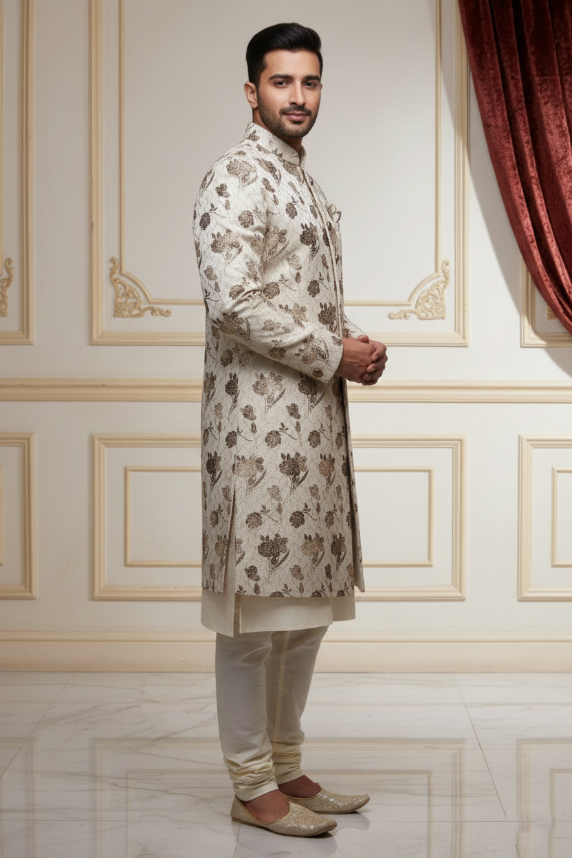 Men'sIvory Floral Embroidered Sherwani