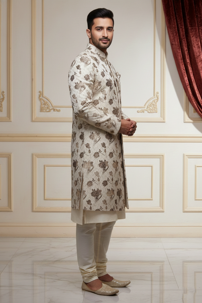 Men'sIvory Floral Embroidered Sherwani