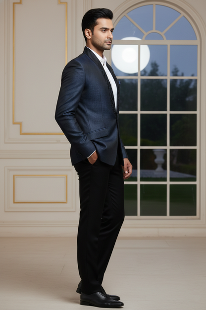 Dark Blue Formal Blazer with Textured Lapel Detail