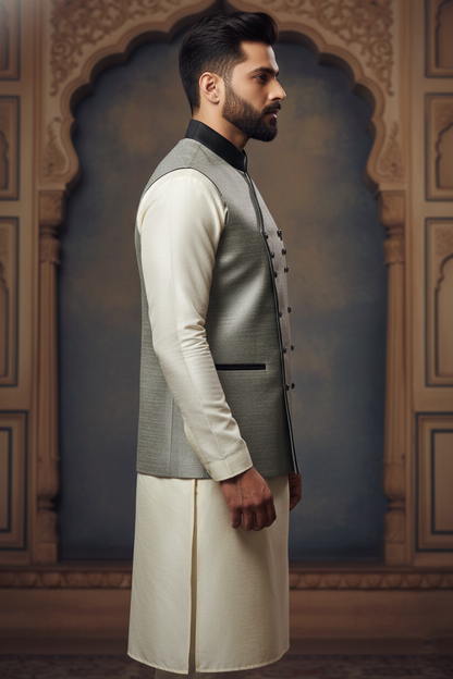 Men’s Grey Asymmetric Nehru Jacket with Ivory Kurta