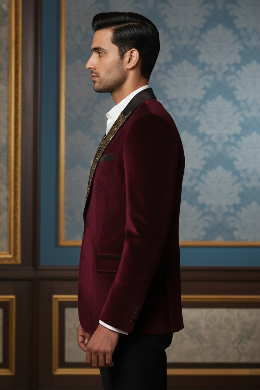 Men'sMaroon Velvet Embellished Blazer