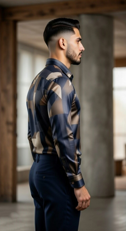 Men'sDesigner Slim-Fit Abstract Fragment Print Shirt , Midnight & Burnished Bronze