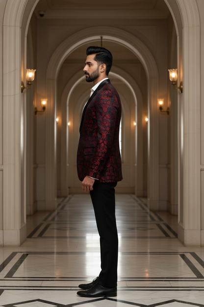 Men's Premium Maroon and Black Jacquard Floral Tuxedo Blazer , Slim Fit Evening Party Wear