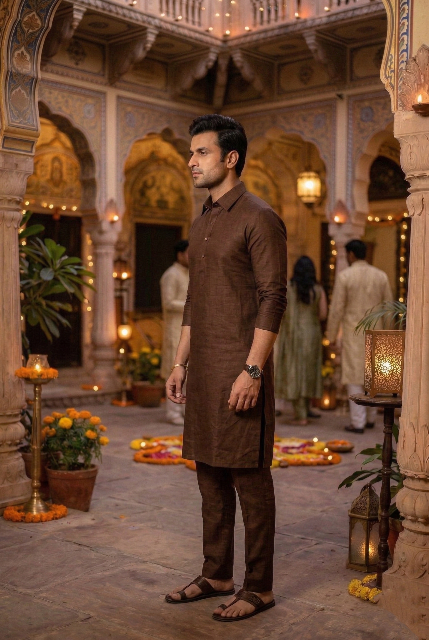 Men's Chocolate Brown Silk-Blend Plain Kurta Pajama Set