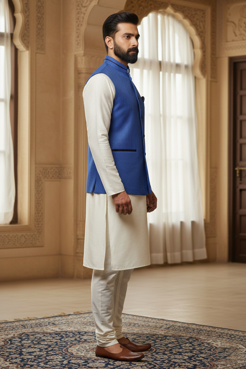 Royal Blue Nehru Jacket with Cream Kurta Set