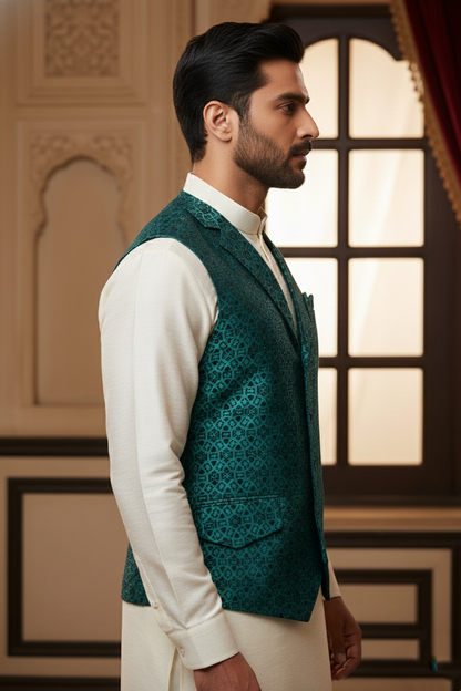 Men's Teal Blue Geometric Jacquard Nehru Jacket – Premium Silk Blend Ethnic Waistcoat with Modern Notched Lapel