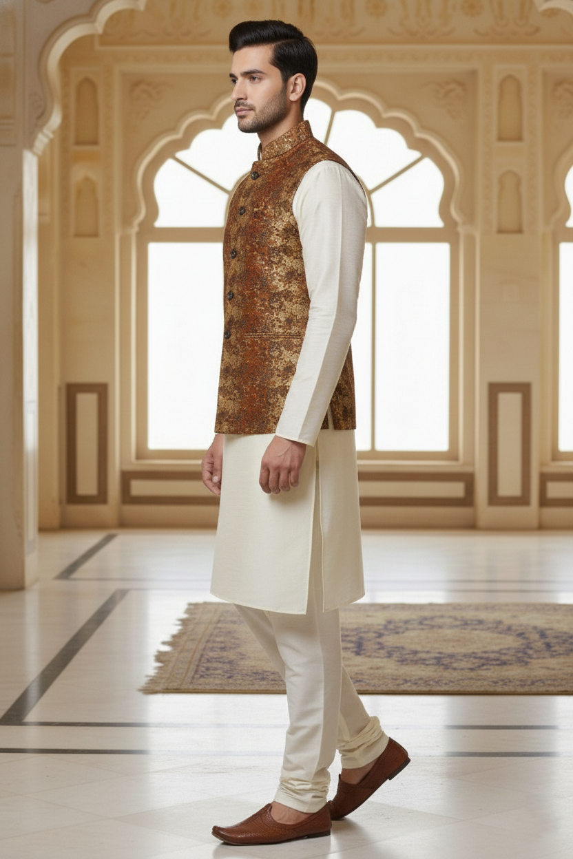 Men’s Brown Printed Nehru Jacket Kurta  Pajama