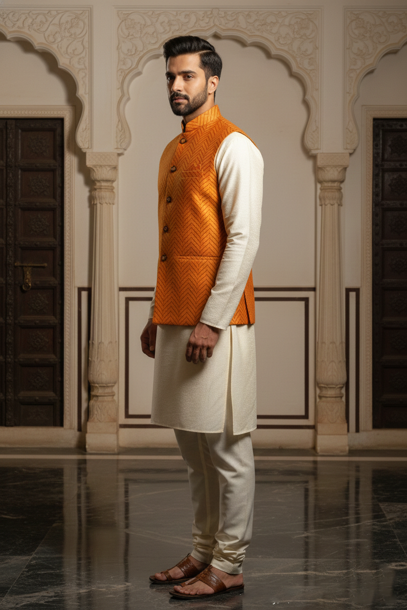 Men’s Orange Textured Nehru Jacket