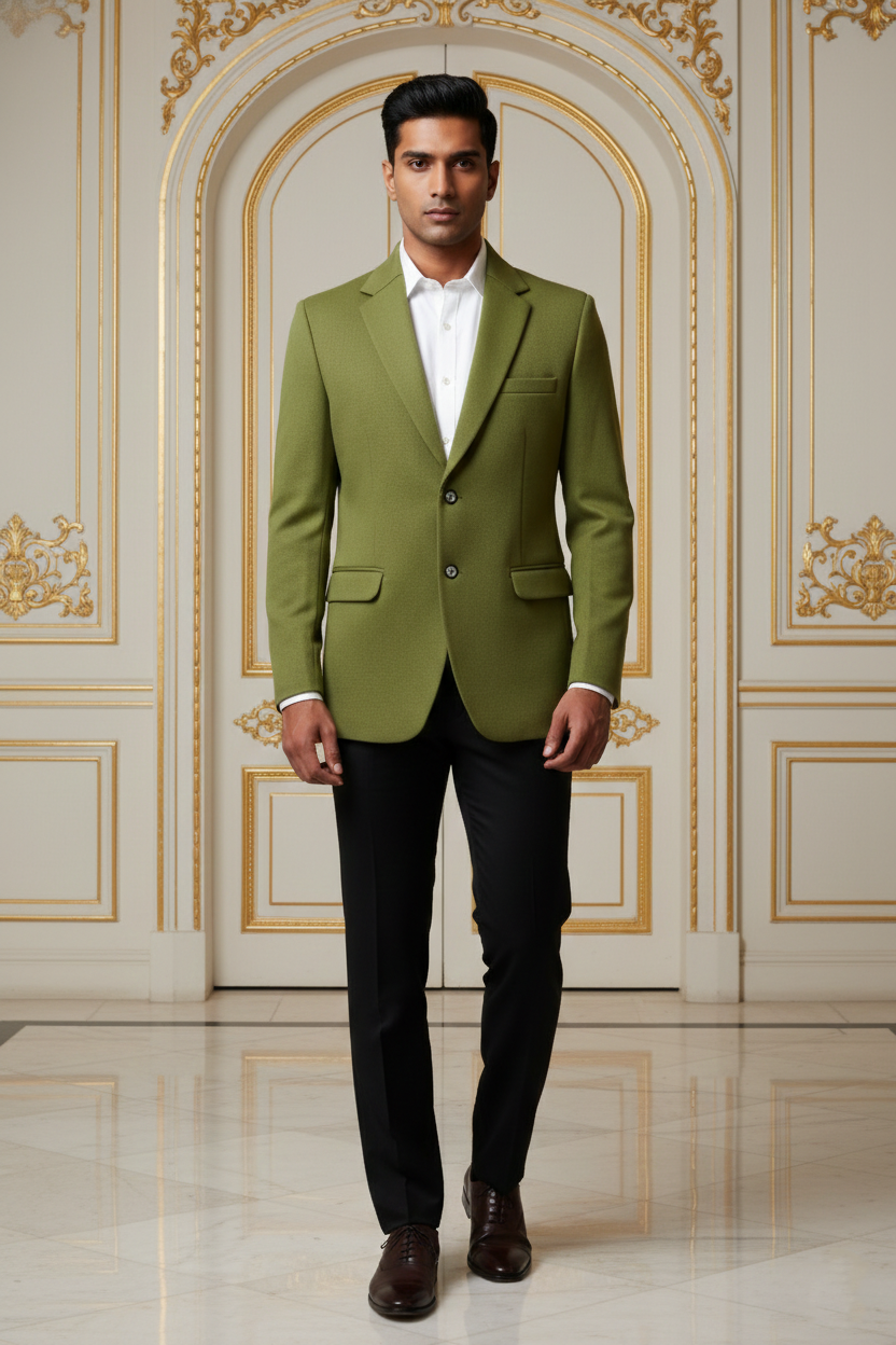 Men's Slim Fit Olive Green Jacquard Blazer