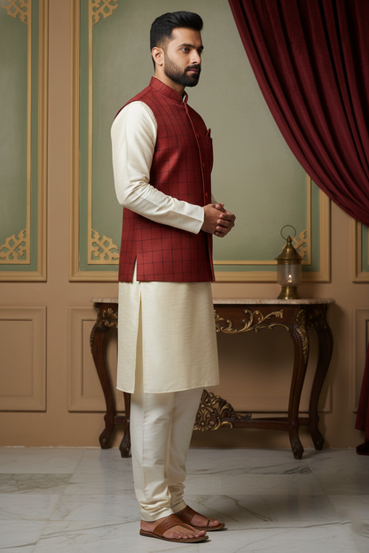Red Checkered Nehru Jacket with Cream Kurta Set