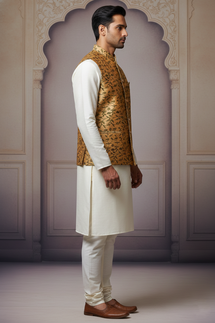 Gilded Foliage: The Golden Silk Brocade Nehru Jacket