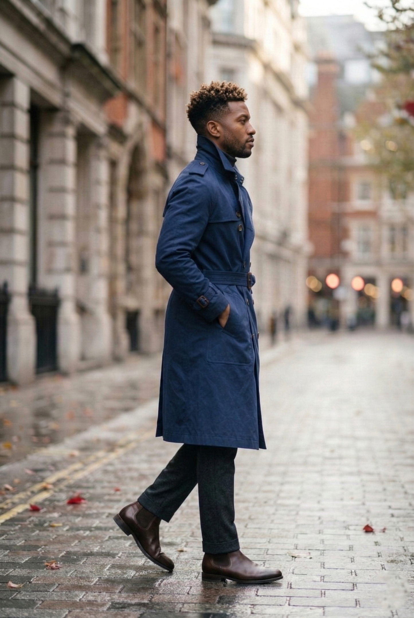 Men's Navy Double-Breasted Long Trench Coat
