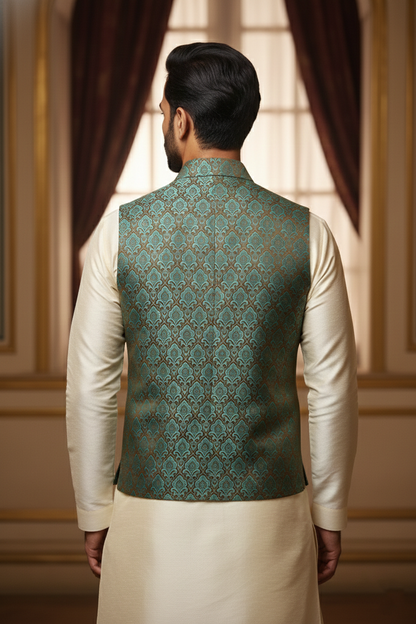Men’s Teal Green Brocade Nehru Jacket | Ethnic Wedding Festive Party Wear Mandarin Collar Sleeveless Waistcoat for Kurta & Indo-Western Outfit