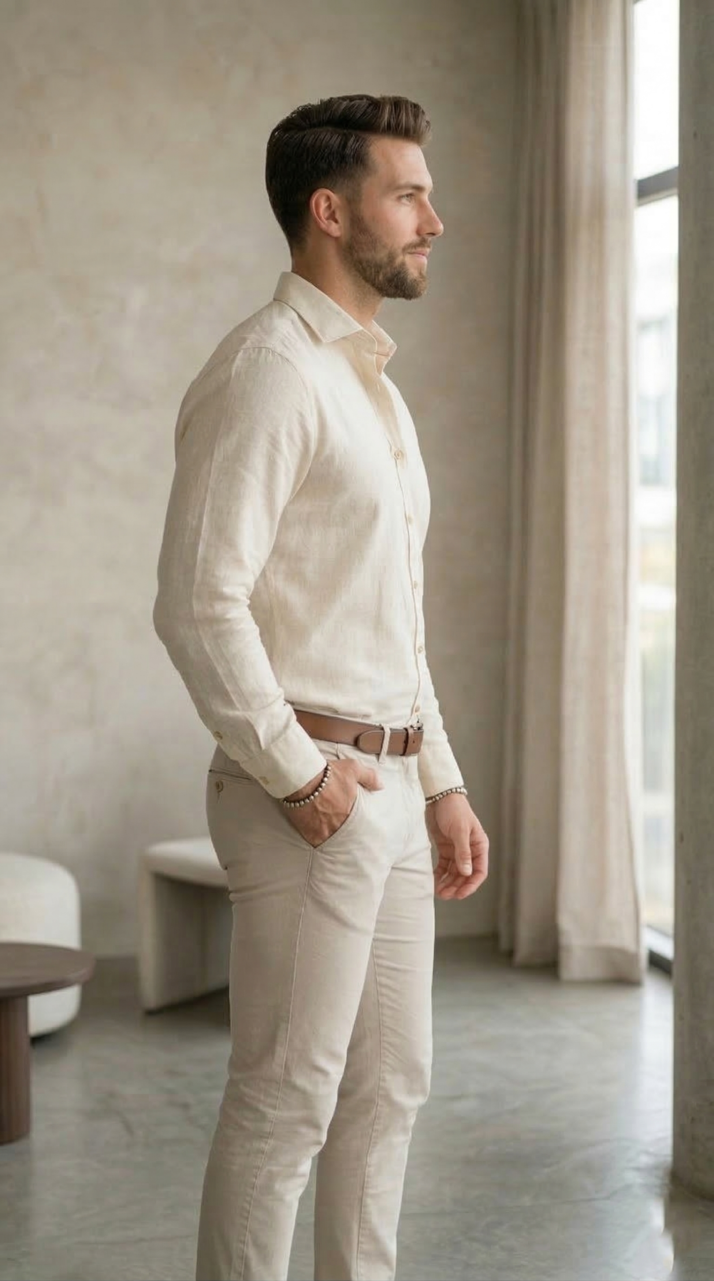 Men'sCream Linen-Cotton Blend , The Ultimate Coastal Casual Button-Down