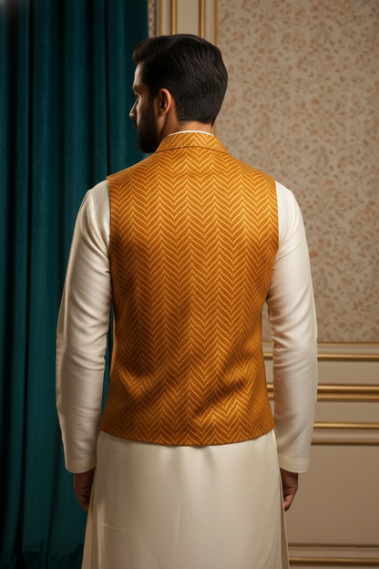 Men’s Mustard Brocade Nehru Jacket | Ethnic Wedding Festive Party Wear Sleeveless Waistcoat with Mandarin Collar for Kurta & Indo Western Outfit