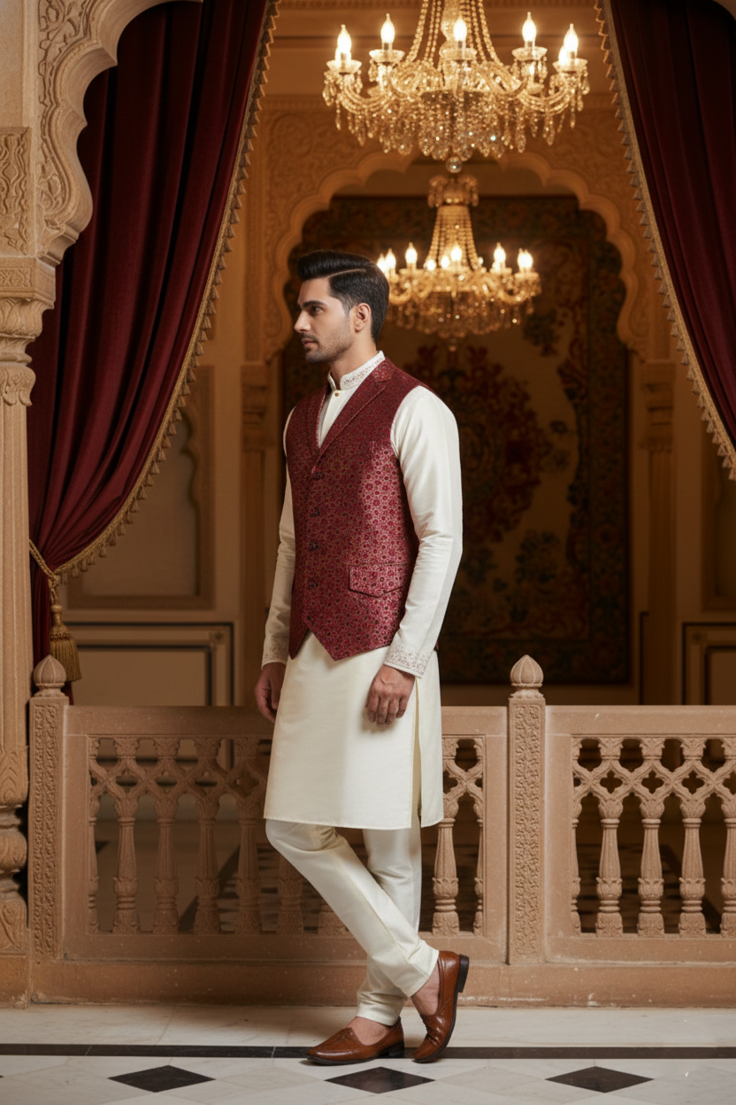 Men's Crimson Red Jacquard Nehru Jacket – Designer Geometric Printed Waistcoat with Notched Lapel and Utility Pockets
