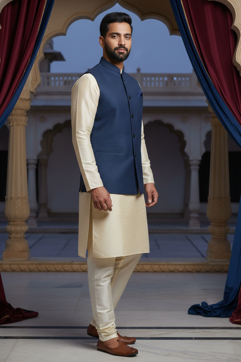 Men's Navy Blue Micro-Check Nehru Jacket – Textured Slim Fit Ethnic Waistcoat for Weddings & Formal Events