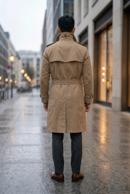 Classic Beige Double-Breasted Long Trench Coat with Belt