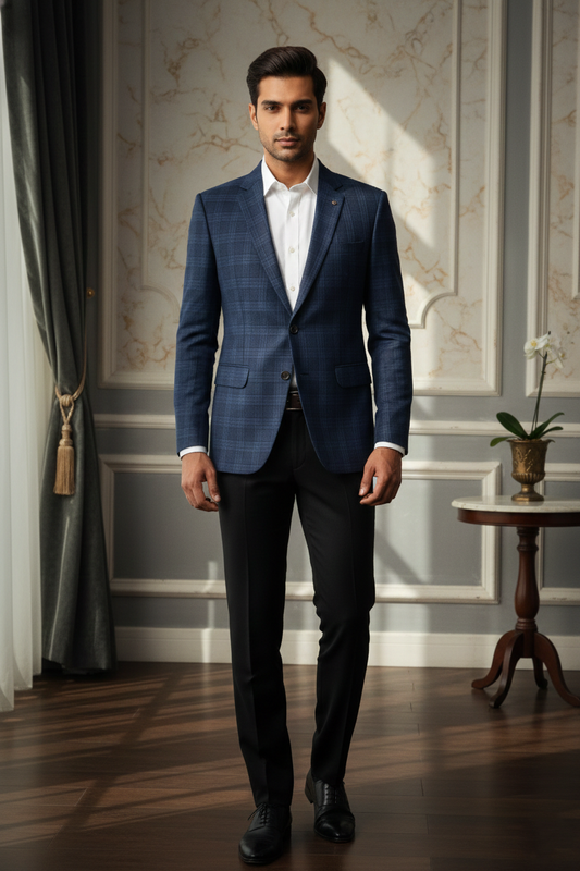 Men's Premium Blue Jacquard Checkered Blazer