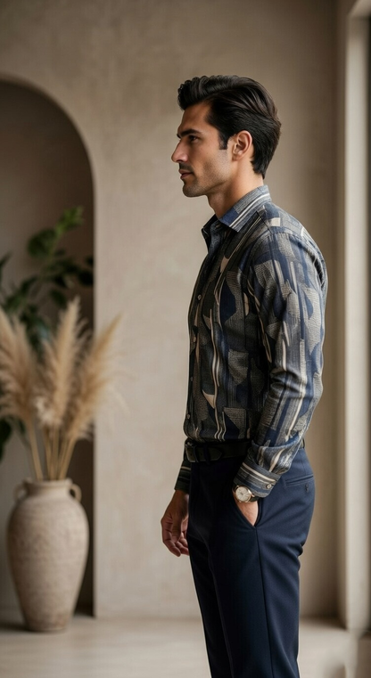 Designer Men'sAbstract Geometric Print Shirt , Modern Slate & Charcoal Art-Deco Motif