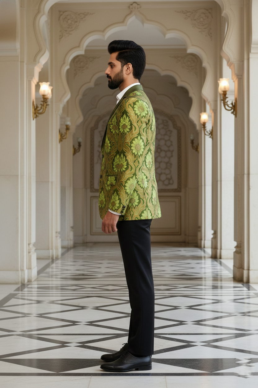 Men's Premium Olive Green Floral Jacquard Tuxedo Blazer , Luxury Ethnic Wedding & Evening Party Wear Jacket