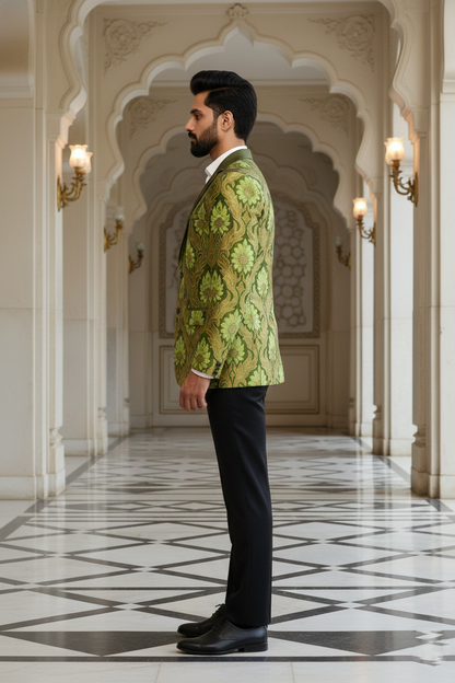 Men's Premium Olive Green Floral Jacquard Tuxedo Blazer , Luxury Ethnic Wedding & Evening Party Wear Jacket