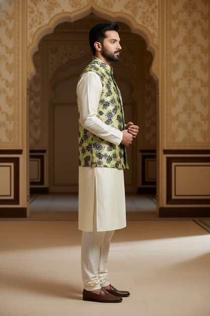 Title: Verdant Sophistication: The Modern Floral Nehru Ensemble