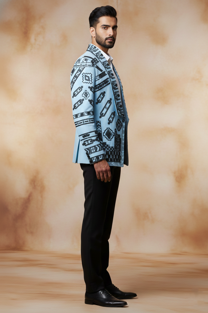 Men'sSky Blue Printed Indo-Western Blazer
