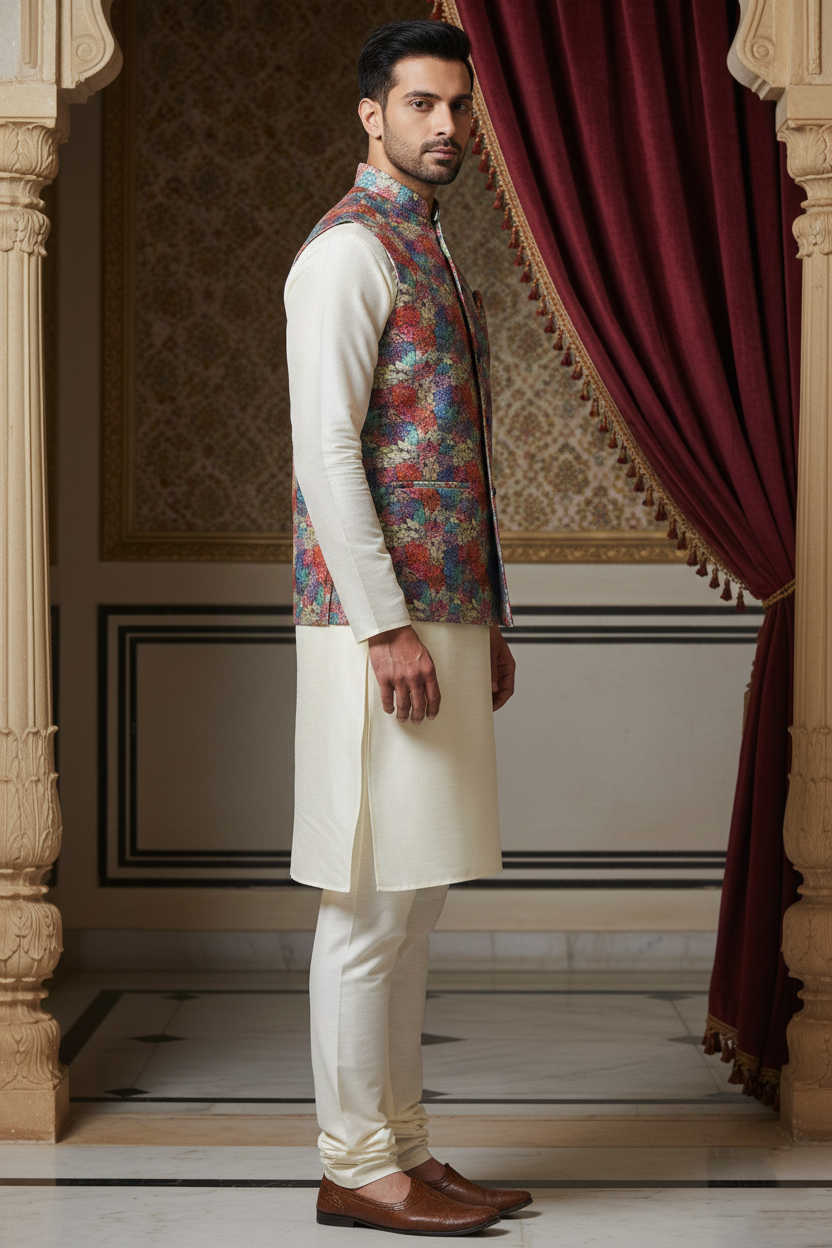 Prism of Petals: The Multicolored Mosaic Nehru Jacket