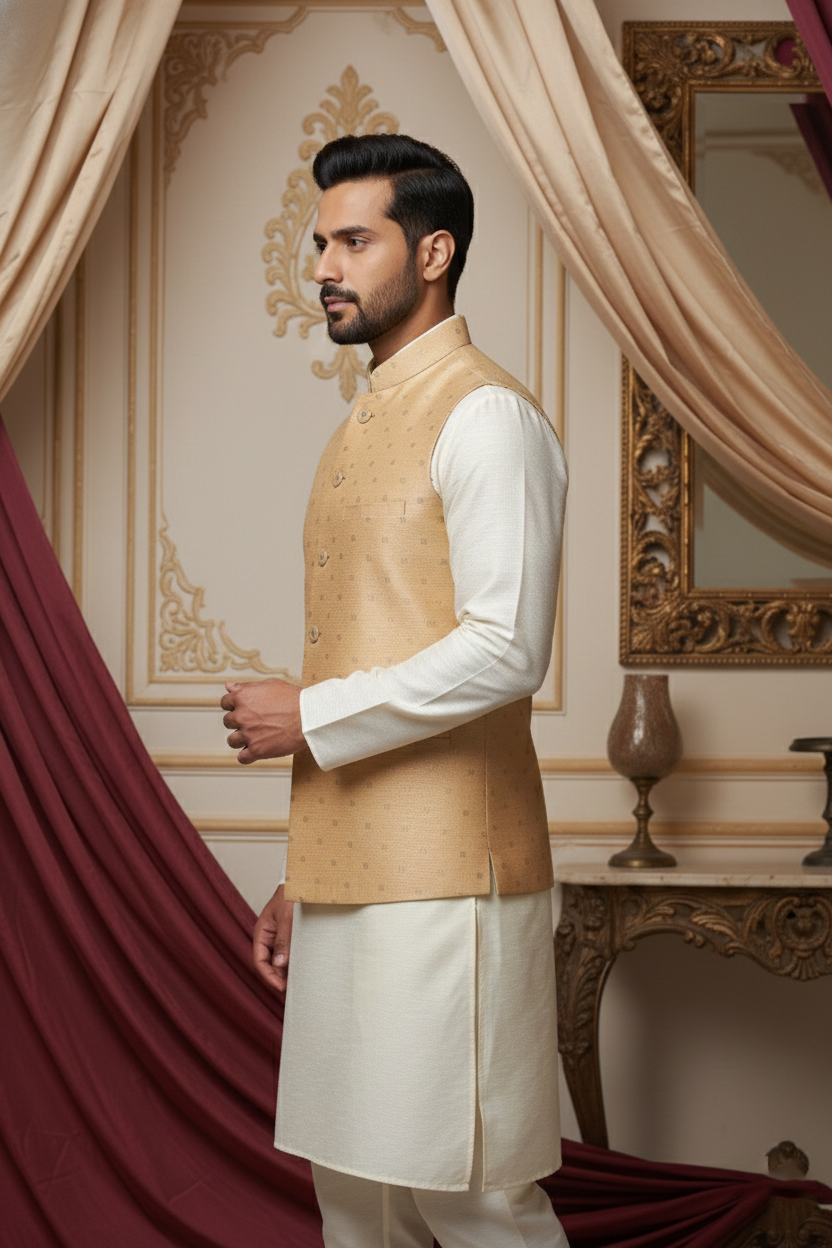 Men’s Beige Dotted Nehru Jacket with Ivory Kurta Pajama