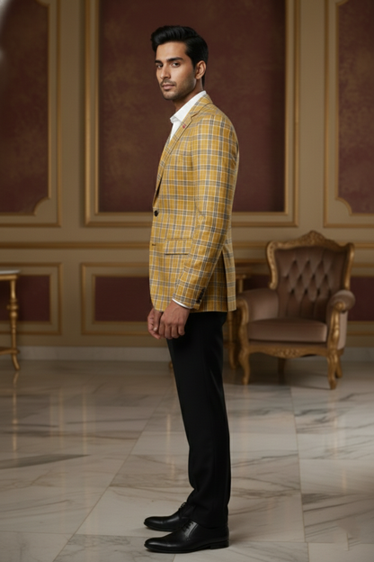 Mustard Yellow Plaid Double-Breasted  Blazer