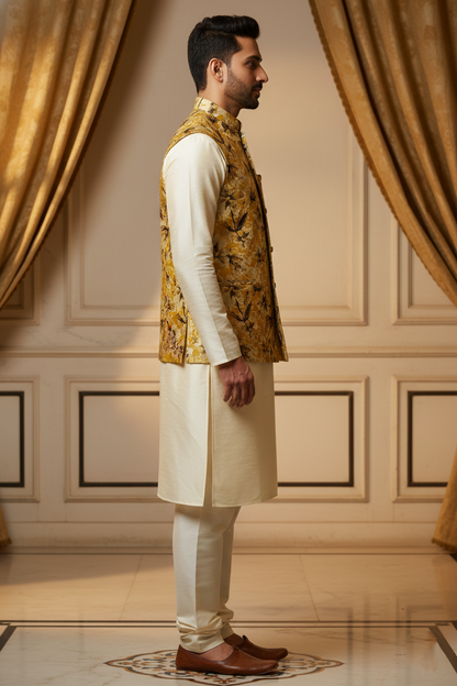Title: Heritage Refined: The Ochre Floral Nehru Ensemble