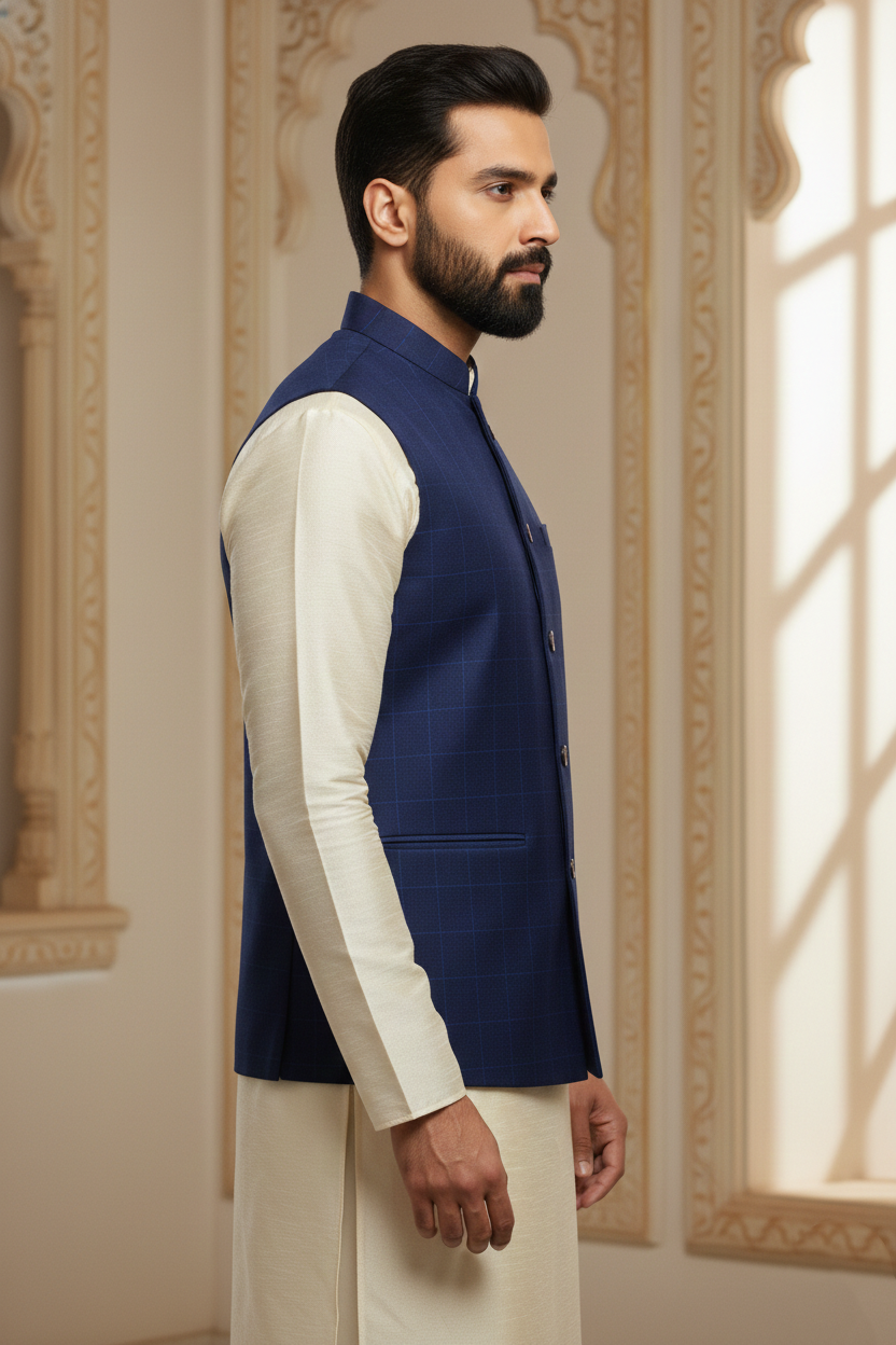 Men's Royal Blue Windowpane Check Nehru Jacket – Classic Slim Fit Ethnic Waistcoat for Weddings & Semi-Formal Events