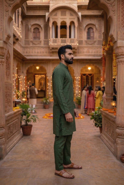 Men's Olive Green Cotton Linen Plain Kurta Pajama Set