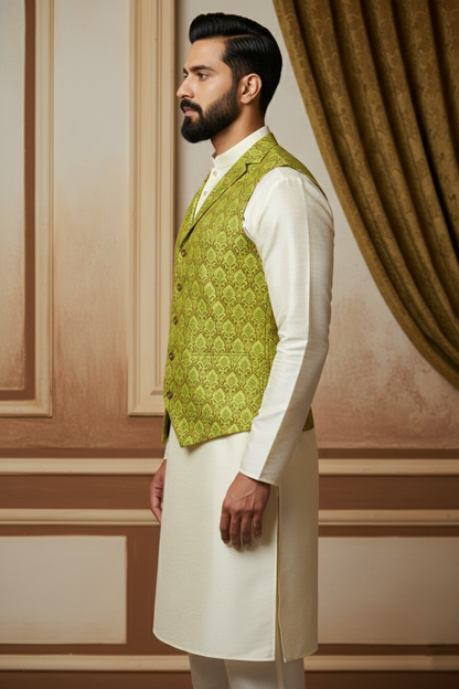 Men’s Parrot Green Brocade Nehru Jacket | Ethnic Wedding Festive Party Wear Mandarin Collar Sleeveless Waistcoat for Kurta & Indo-Western Outfit