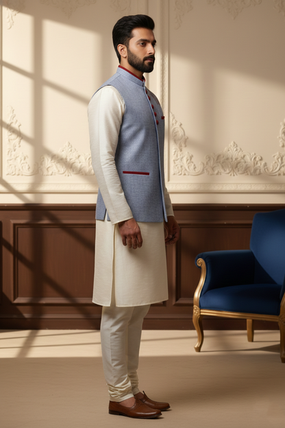 Men's Powder Blue Melange Nehru Jacket – Designer Maroon Contrast Trim Waistcoat | Ethnic Modi Jacket for Weddings & Festivals
