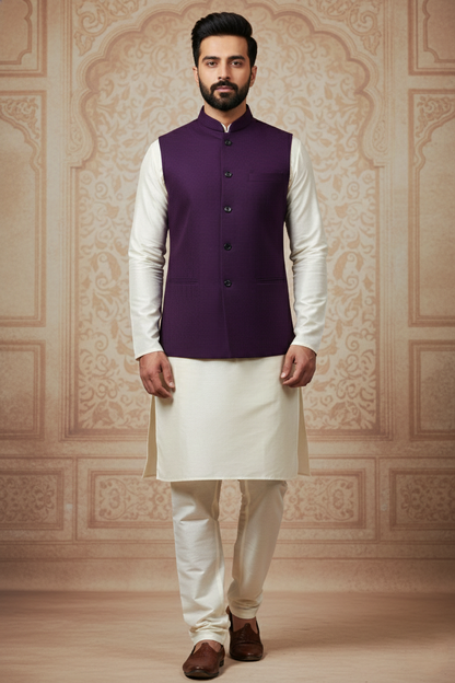 Deep Purple Nehru Jacket with Cream Kurta Set