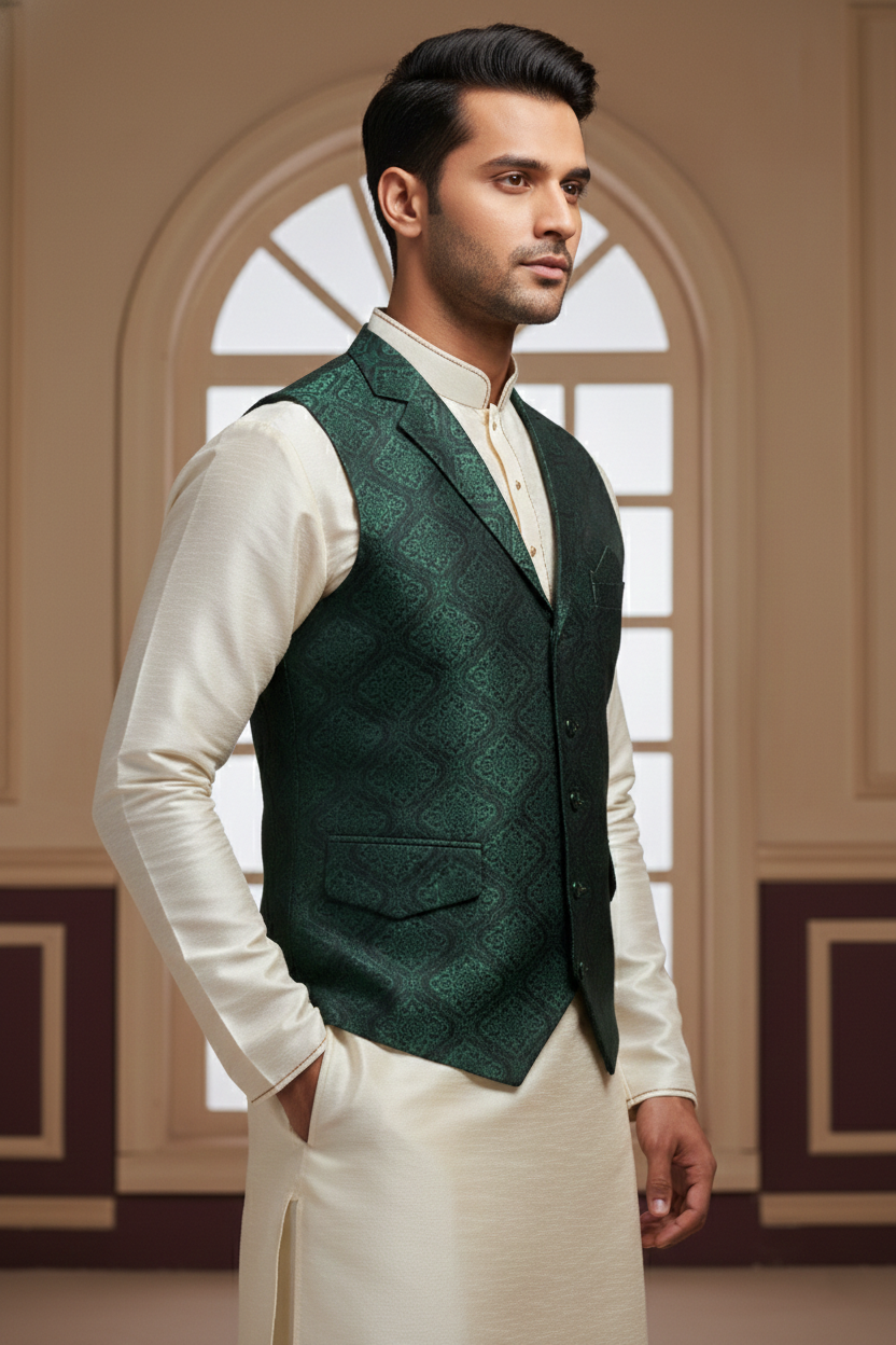 Men’s Dark Green Jacquard Silk Waistcoat with Notch Lapel | Slim Fit Festive Vest