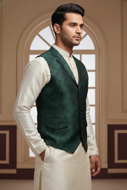 Men’s Dark Green Jacquard Silk Waistcoat with Notch Lapel | Slim Fit Festive Vest