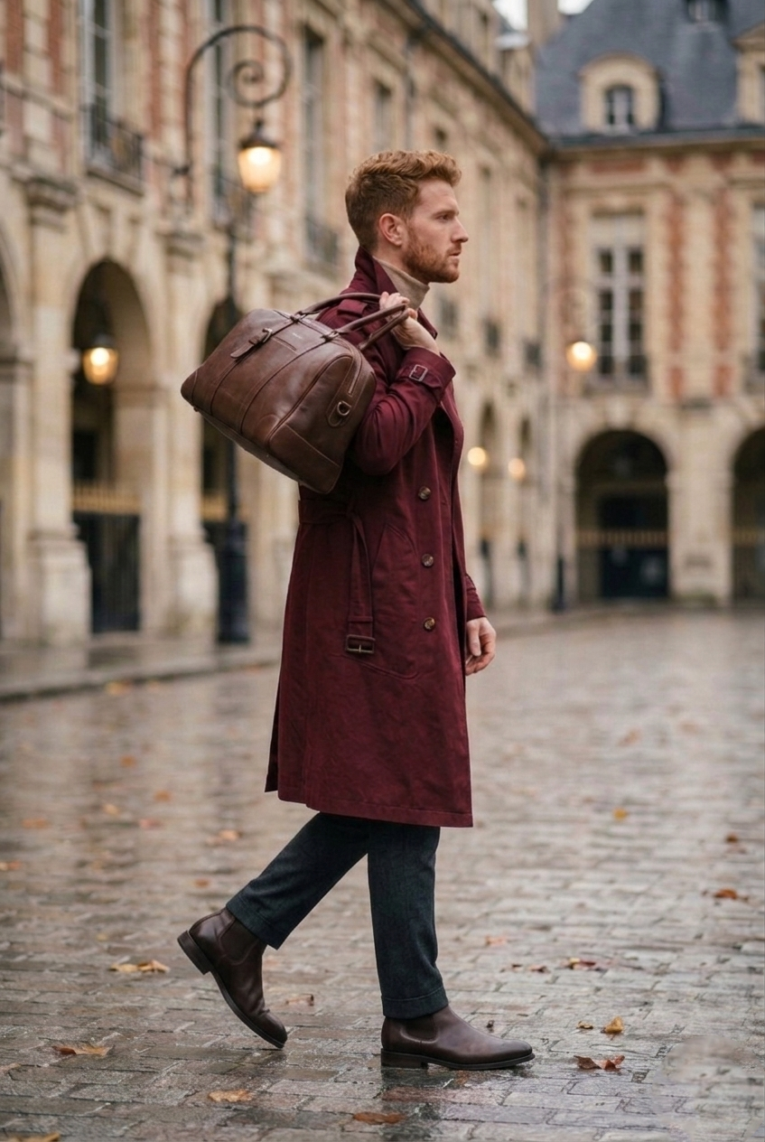 Men's Burgundy Double-Breasted Long Trench Coat